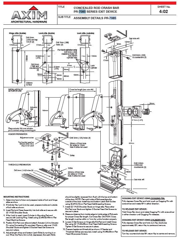 Axim PR7085 Concealed Rod Crash Bar Exit Device